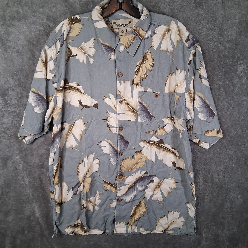 Paradise Coves Short Sleeve Shirt Mens Size Large 100% Silk Gray‎ Floral Pattern